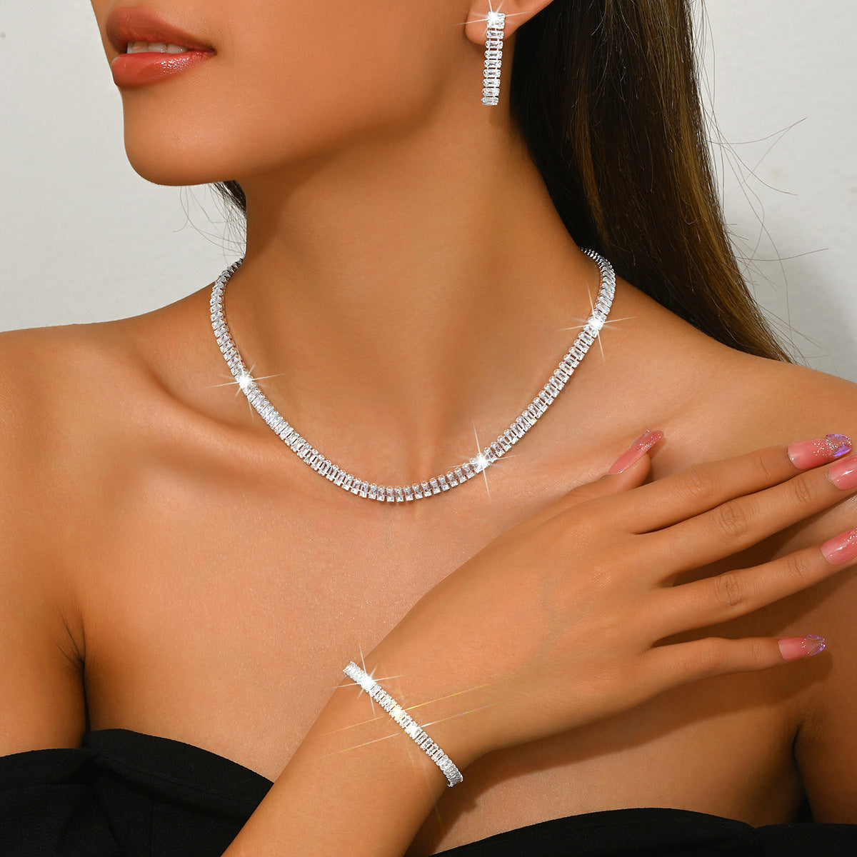 Fashionable Super Shiny Crystal Zircon Geometric Earrings, Necklace, Bracelet Th…